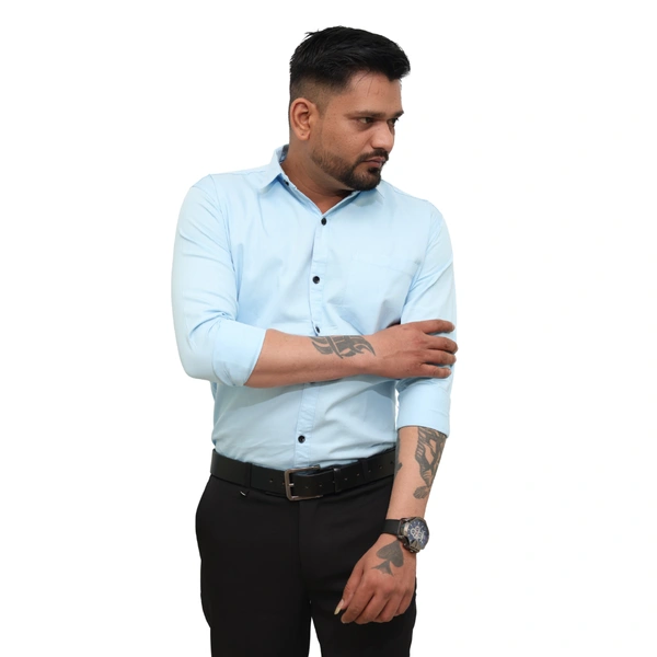 Look Me Apparel Men Solid Blue Regular Fit Full Sleeve Cotton Blend Formal Shirt with Spread Collar - L, Blue