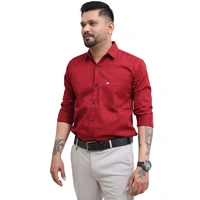 Look Me Apparel Men Solid Red Regular Fit Full Sleeve Cotton Blend Formal Shirt with Spread Collar - XL, Red