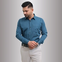 Look Me Apparel Men Solid Teal Regular Fit Full Sleeve Cotton Blend Formal Shirt with Spread Collar - XL, Blue