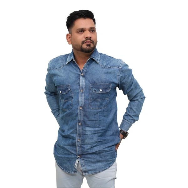 Look Me Apparel Men Washed Denim Blue Shirt | Full Sleeve | Casual Fit | Dual Pockets - M, Blue