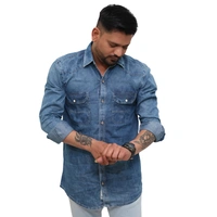 Look Me Apparel Men Washed Denim Blue Shirt | Full Sleeve | Casual Fit | Dual Pockets - M, Blue