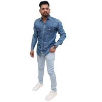 Look Me Apparel Men Washed Denim Blue Shirt | Full Sleeve | Casual Fit | Dual Pockets - M, Blue