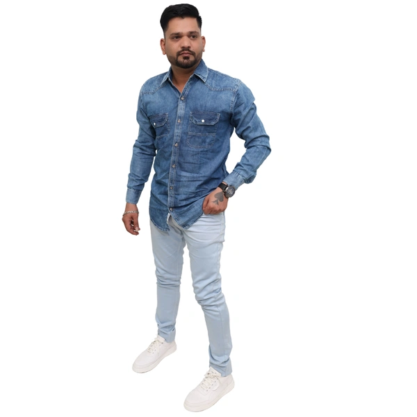 Look Me Apparel Men Washed Denim Blue Shirt | Full Sleeve | Casual Fit | Dual Pockets - M, Blue