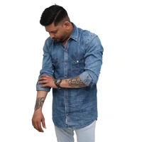 Look Me Apparel Men Washed Denim Blue Shirt | Full Sleeve | Casual Fit | Dual Pockets - M, Blue