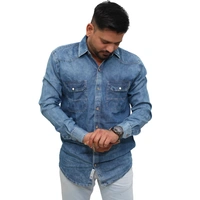 Look Me Apparel Men Washed Denim Blue Shirt | Full Sleeve | Casual Fit | Dual Pockets - M, Blue