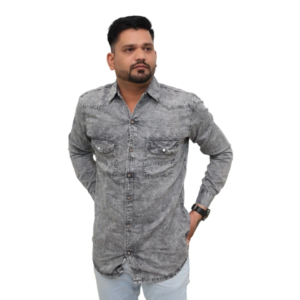 Look Me Apparel Men Washed Denim Grey Shirt | Full Sleeve | Casual Fit | Dual Pockets - XL, Grey