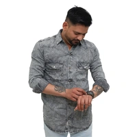 Look Me Apparel Men Washed Denim Grey Shirt | Full Sleeve | Casual Fit | Dual Pockets - XL, Grey