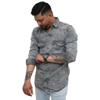 Look Me Apparel Men Washed Denim Grey Shirt | Full Sleeve | Casual Fit | Dual Pockets - XL, Grey