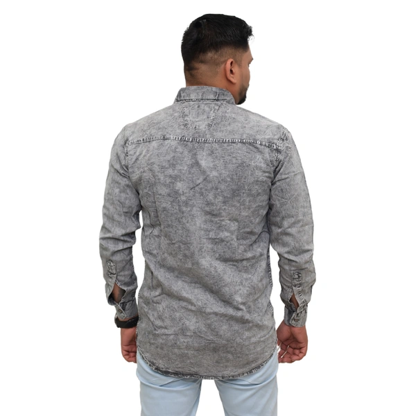 Look Me Apparel Men Washed Denim Grey Shirt | Full Sleeve | Casual Fit | Dual Pockets - XL, Grey