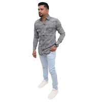 Look Me Apparel Men Washed Denim Grey Shirt | Full Sleeve | Casual Fit | Dual Pockets - XL, Grey