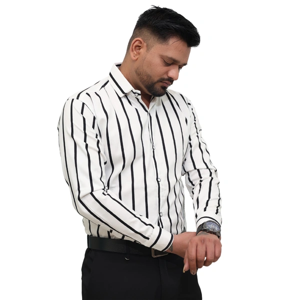 Look Me Apparel Men White & Black Striped Formal Shirt | Full Sleeve | Slim Fit | Office & Business Wear - XL, White