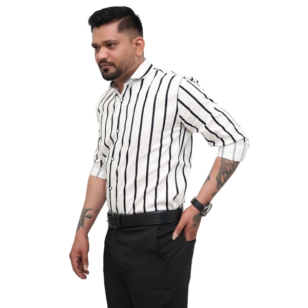 Look Me Apparel Men White & Black Striped Formal Shirt | Full Sleeve | Slim Fit | Office & Business Wear - XL, White