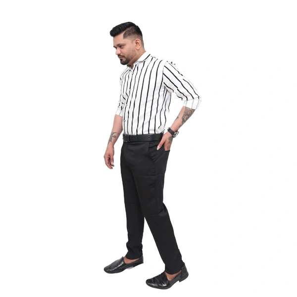 Look Me Apparel Men White & Black Striped Formal Shirt | Full Sleeve | Slim Fit | Office & Business Wear - XL, White