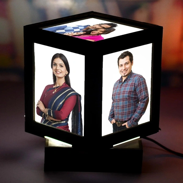 Mehra Gift House Customized Led Table Lamps With 5 Personalized Photo Frames Rotating Cube For Home & Bedroom Decorative Light Frame