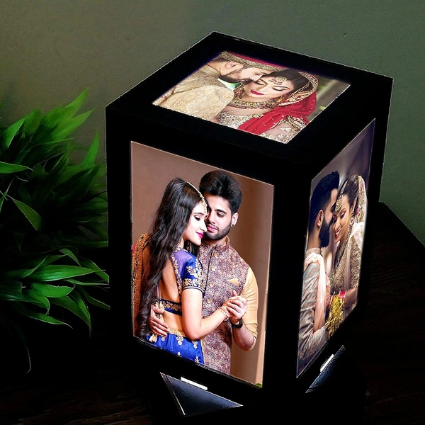 Mehra Gift House Customized Led Table Lamps With 5 Personalized Photo Frames Rotating Cube For Home & Bedroom Decorative Light Frame
