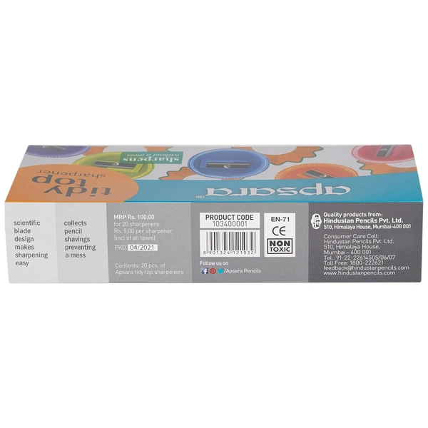 Apsara Tidy Top Sharpener | Round Shape  - Brand 	Apsara, Nataraj Specific Uses For Product 	Sharpening Material 	Plastic Target Audience 	Artist, Teacher, Student Special Feature 	Portable
