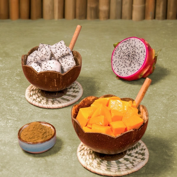 Floral Coconut Shell Bowl with Spoon | Handmade | 100% ecofriendly & Sustainable | 200-250 ml | Set of 2