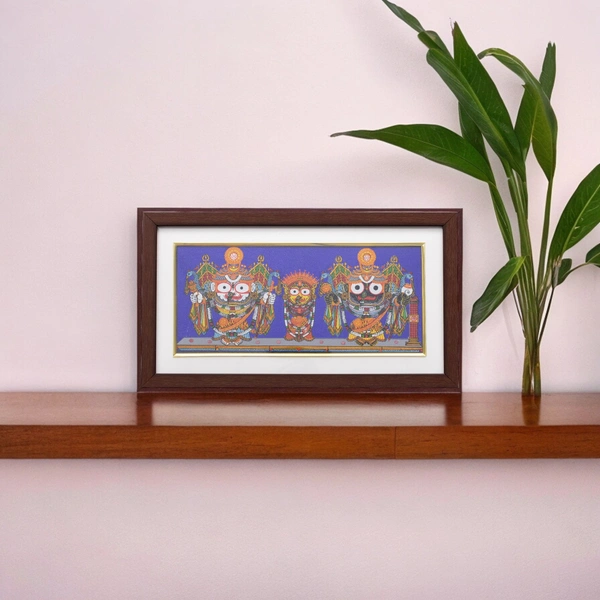Elegant Pattachitra Painting of Lord Jagannath, Balabhadra, and Subhadra on Tussar Silk (Nagarjuna Besha) 13 X 7 Inches - 0.5 in, 12 in, 7 in