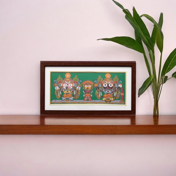 Exquisite Lord Jagannath, Balabhadra, and Subhadra Pattachitra on Tussar Silk (Nagarjuna Besha) 13 X 7 Inches - 0.5 in, 12 in, 7 in