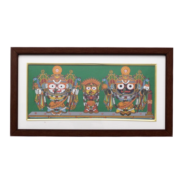 Exquisite Lord Jagannath, Balabhadra, and Subhadra Pattachitra on Tussar Silk (Nagarjuna Besha) 13 X 7 Inches - 0.5 in, 12 in, 7 in