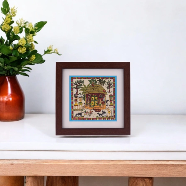 Saura Tribal Tabletop Painting on Tussar Silk Cloth | 7 X 7 inches - 0.5 in, 7 in, 7 in