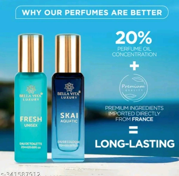 Bela Vita Luxury Unisex Perfume  (Pack of 2 Items 20ML Each)
Name: Luxury Unisex FRESH+SKAI Perfume Combo for Men and Women 40 ML (Pack of 2 Items 20ML Each)
Product Name: Bella Vita Luxury Unisex FRESH+SKAI Perfume Combo for Men and Women 40 ML (Pack of 2 Items 20ML Each)
Brand Name: BELLA VITA
Flavour: No Flavour
Net Quantity (N): 2