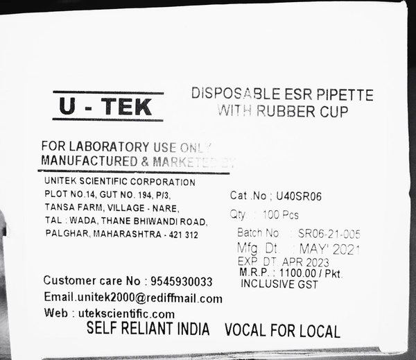 U-TEK Disposable ESR Pipette with Rubber cap
