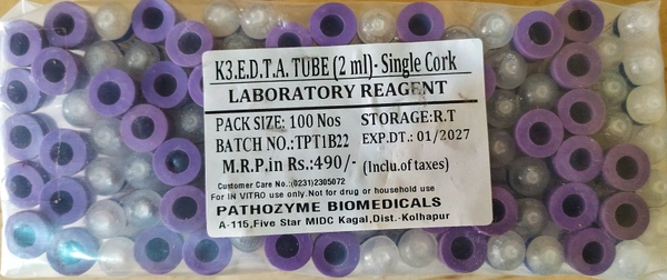 PATHOZYME BIOMEDICALS K3EDTA TUBE (Single Cork) - 100 Nos.