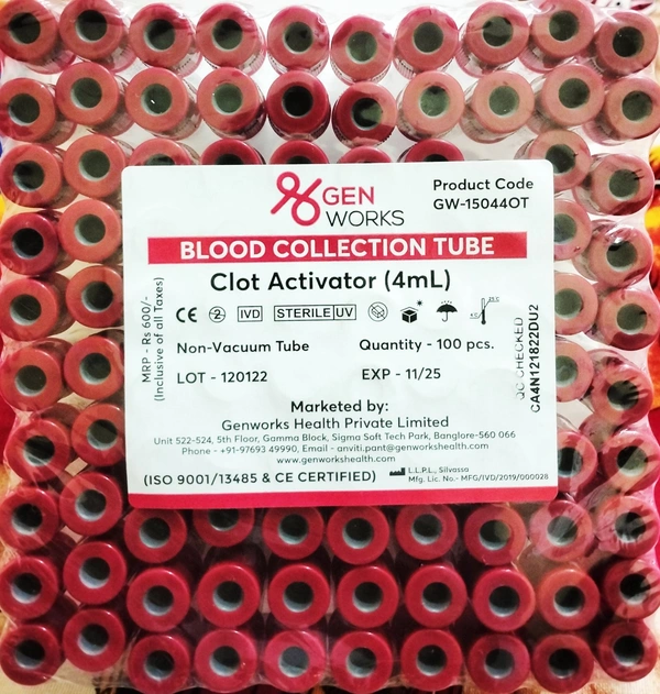 Genworksp Health Private Limited  Clot Activator Vile (4ml)  - 11/10/2025, 100 Pcs