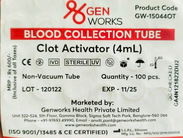 Genworksp Health Private Limited  Clot Activator Vile (4ml)  - 11/10/2025, 100 Pcs