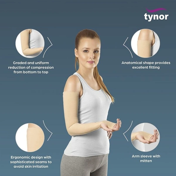 TYNOR COMPRESSION GARMENT ARM SLEEVE MITTEN WITH THUMB, BEIGE, 1 UNIT - L