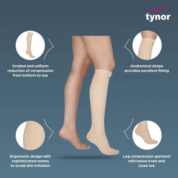 TYNOR COMPRESSION GARMENT LEG BELOW KNEE CLOSED TOE, BEIGE, 1 PAIR - L