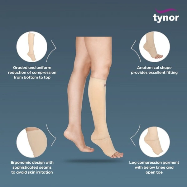 TYNOR COMPRESSION GARMENT LEG BELOW KNEE OPEN TOE, BEIGE, 1 PAIR - XL