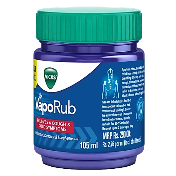 Vicks Vaporub Balm with Menthol, Camphor & Eucalyptus Oil | Relieves 6 Symptoms of Cough & Cold | Goodness of Ayurveda - 105 ml