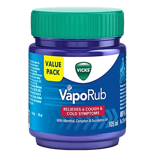 Vicks Vaporub Balm with Menthol, Camphor & Eucalyptus Oil | Relieves 6 Symptoms of Cough & Cold | Goodness of Ayurveda - 105 ml