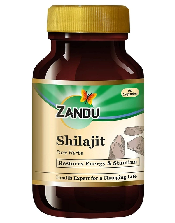 Zandu Shilajit Capsules (60 Caps) Infused with Goodness of Natural Shilajit Extracts for Enhanced Energy & Strength in Men, Manages Stress, Immunity Booster - 60 Caps