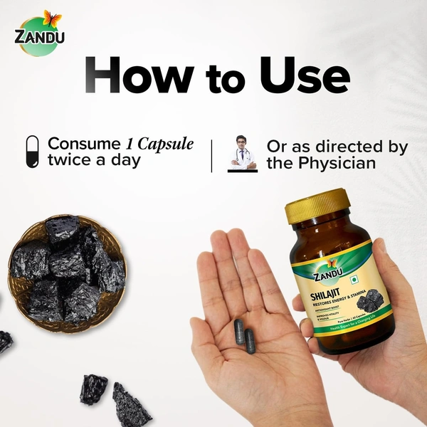 Zandu Shilajit Capsules (60 Caps) Infused with Goodness of Natural Shilajit Extracts for Enhanced Energy & Strength in Men, Manages Stress, Immunity Booster - 60 Caps