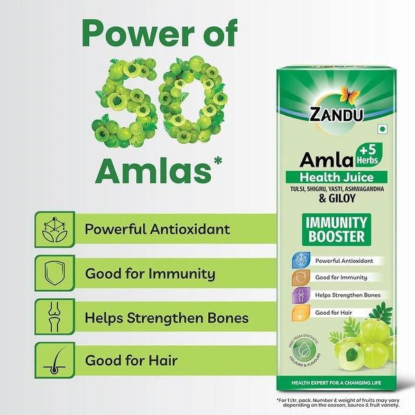 Zandu   Zandu Amla + 5 Herbs Health Juice | Ayurvedic Immunity Booster | Powerful Antioxidant | Good for Bones and Hair |No Added Sugar (1000ml) - 1000ml