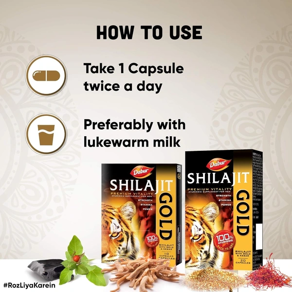 Dabur DABUR Shilajit Gold - 20 Capsules | 100% Ayurvedic Capsules for Strength , Stamina and Power | Premium Ayurvedic Supplement | For Men - 20 Capsules