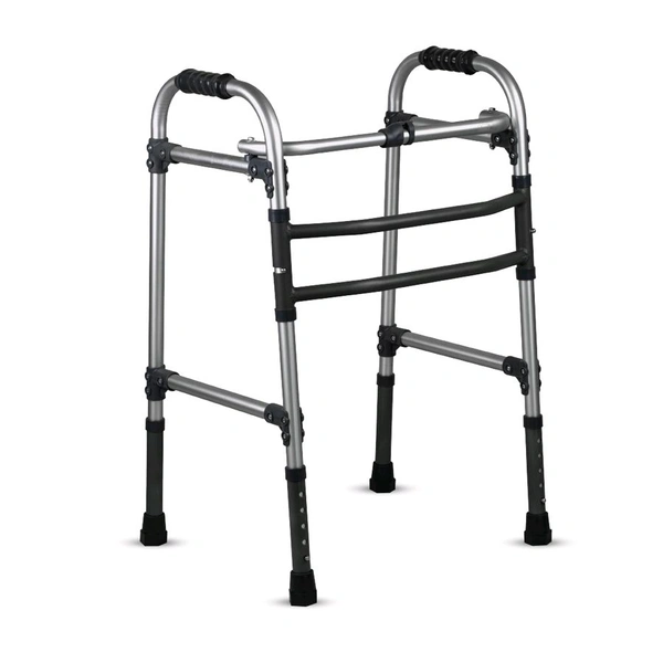 Dura Max Walker (Aluminium) | Foldable Walking Aid | Adjustable Height | Light Weight | With Premium Grade Rubber Shoes and PVC Grip (Grey)