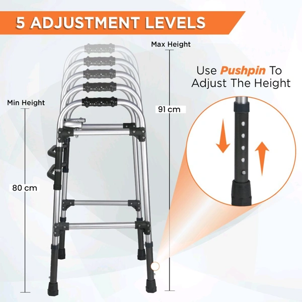 Dura Max Walker (Aluminium) | Foldable Walking Aid | Adjustable Height | Light Weight | With Premium Grade Rubber Shoes and PVC Grip (Grey)