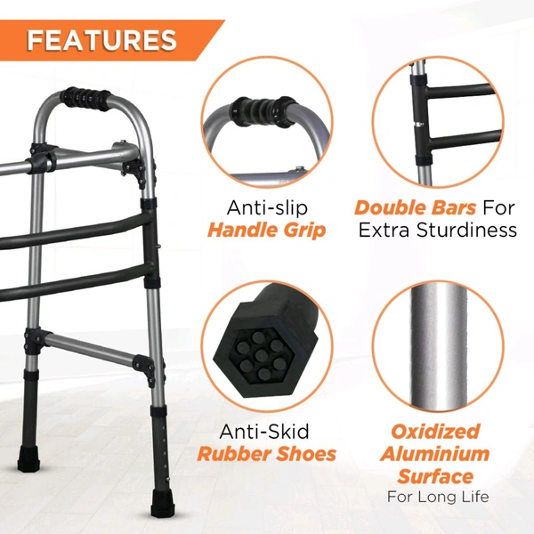 Dura Max Walker (Aluminium) | Foldable Walking Aid | Adjustable Height | Light Weight | With Premium Grade Rubber Shoes and PVC Grip (Grey)