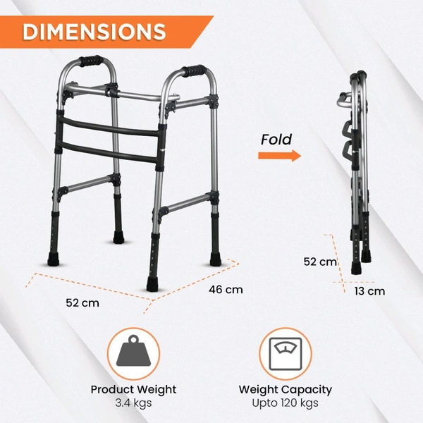 Dura Max Walker (Aluminium) | Foldable Walking Aid | Adjustable Height | Light Weight | With Premium Grade Rubber Shoes and PVC Grip (Grey)