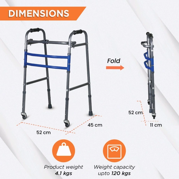 Medipedic Walker with Rotating Castor - Double Bar for Physically Challenged | Mild Steel | Foldable | Light Weight & Adjustable Height (Grey)