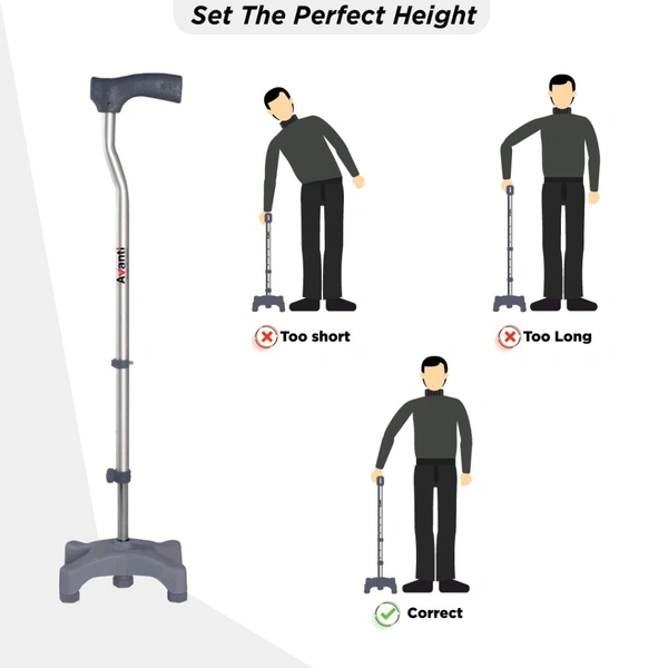 Avanti L Shape Quadripod Stick | Walking Stick with Adjustable Height | Light Weight | 4 Legged Base (Grey)