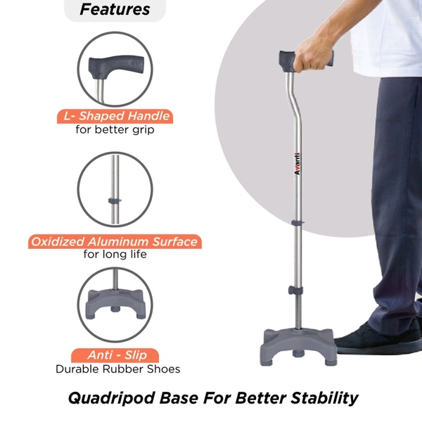 Avanti L Shape Quadripod Stick | Walking Stick with Adjustable Height | Light Weight | 4 Legged Base (Grey)