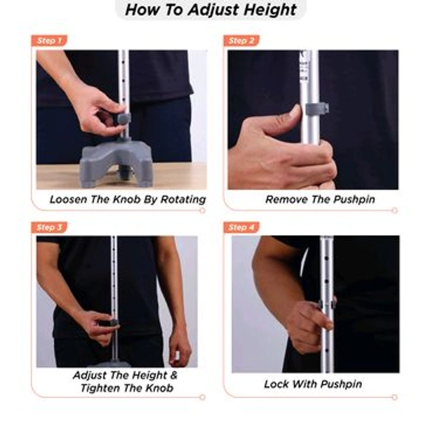 Avanti L Shape Quadripod Stick | Walking Stick with Adjustable Height | Light Weight | 4 Legged Base (Grey)