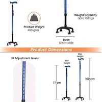 Avanti Plus - T Shape Aluminum Quadripod Stick | Lightweight Walking Stick | Adjustable Height| 4 Legged base 