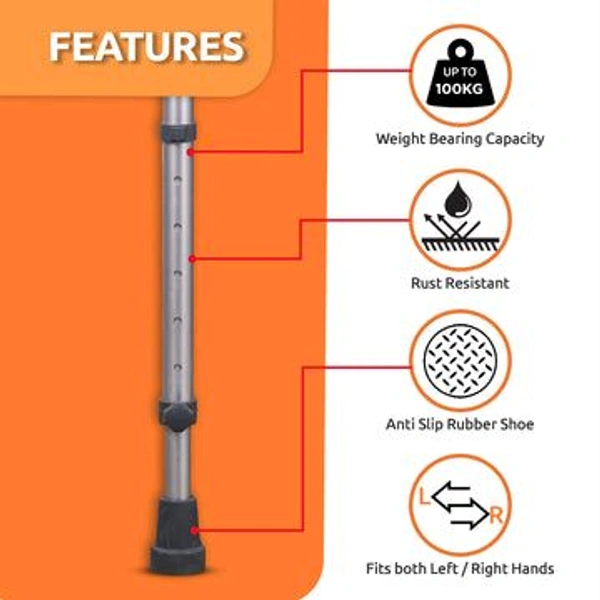 Astra Plus Crutch with Height Adjustable Elbow Support & Movable Arm Cuff, Light Weight- Single Piece