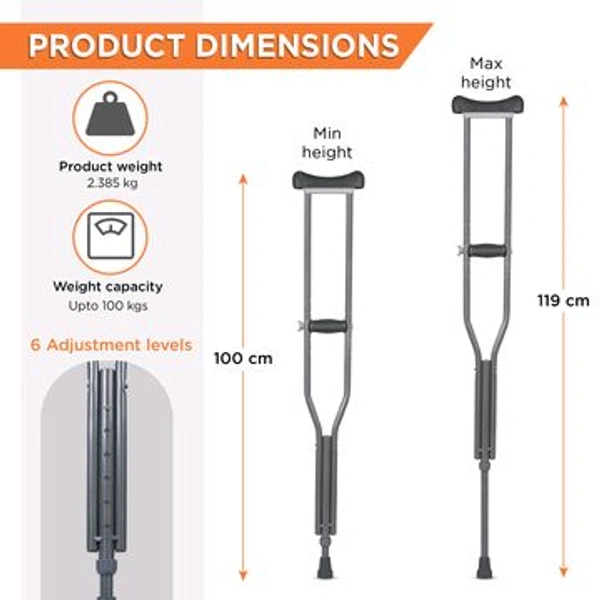 Astra Under Arm Crutches | Adjustable Elbow Support & Height | Light Weight | PVC grip Handle - Larger